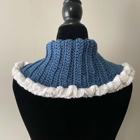 Handmade Crochet Blue White Winter Double Folded Collar Neckwear Accessory - Picture 4 of 6